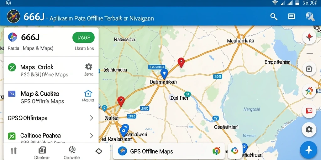 Tampilan antarmuka aplikasi GPS Offline Maps 666J dengan peta interaktif.