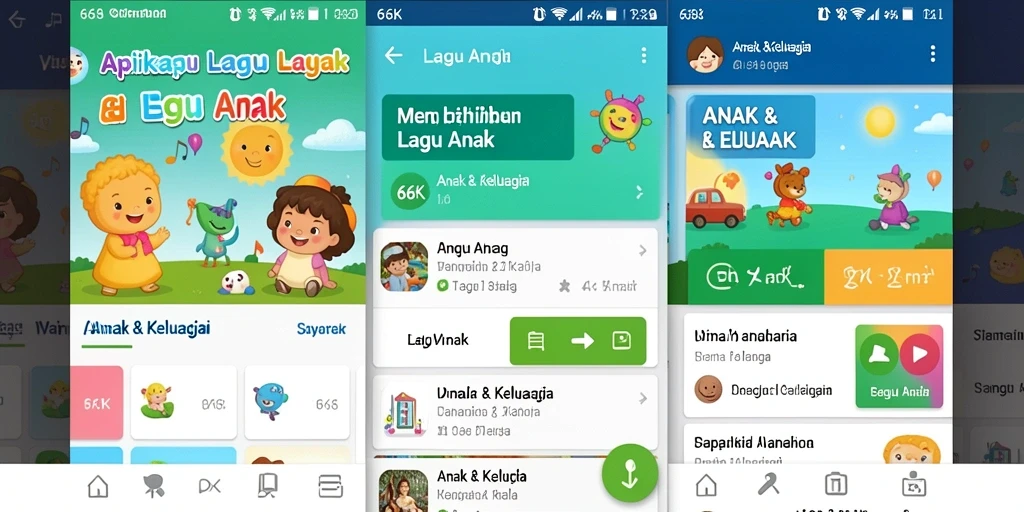 Antarmuka aplikasi 66K dengan lagu anak yang menyenangkan dan mendidik.